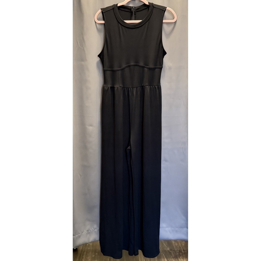 Cider Black Sleeveless Wide Leg Jumpsuit  Cinched Waist Women's Sz L